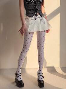 1 Pair Of Black Polka Dot Cute Women's Thin Pantyhose, Breathable Polka Dot Pattern Long Tube Socks, Comfortable - Multicolor - View 5