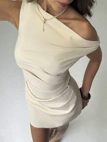New Apricot-Colored Fitted Mini Dress With Asymmetrical Shoulder And Ruched Waist - Apricot - View 9
