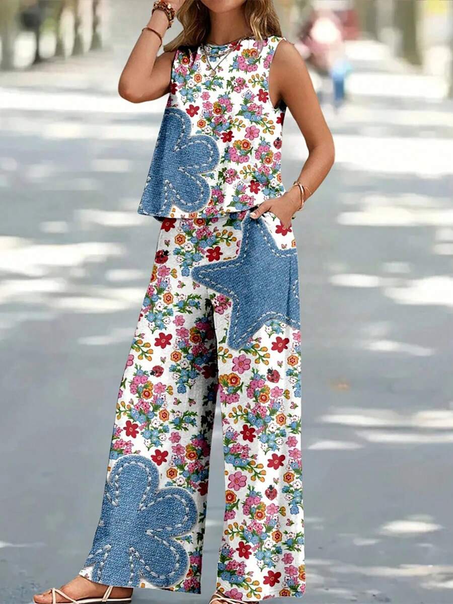 Vacation Must Have Women's Floral & Denim Applique Sleeveless Set, Sweet Retro Loose Wide Leg Pants Two-Piece Set - 彩色 - 查看 1