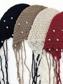 1pc Thick Handmade Crochet Hollow Out Beanie Hat, Warm Knitted Tasseled Cap, Fashion Accessory For Women, Suitable For Winter, Boho, 4th Of July, Mother-Daughter Outfit, Halloween, Vacation - 多色加粗款 - 查看 10
