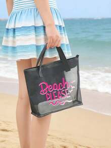 Bolsa de maquillaje de playa de gran capacidad con diseño de letras y palmeras - Multicolor - Ver 2