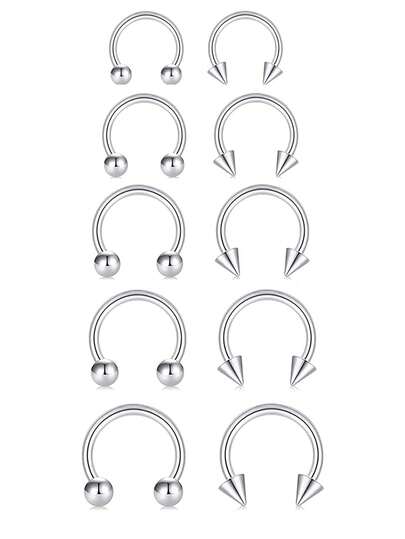 10-Piece Set Of 6/8/10/12/14mm Silver Horseshoe Nose Rings, External Threaded Circular Curved Barbell Body Piercing Jewelry, Suitable For Multiple Piercing Locations Such As Lips, Eyebrows, Earlobes, Helix, Cartilage, And Tragus (Ball Ends)