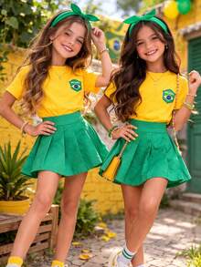 Brazil Kids' Outfit: Shorts, Skirt, And Headband For Girls - Mini Blogger Style - Brazil Look - Green - View 1