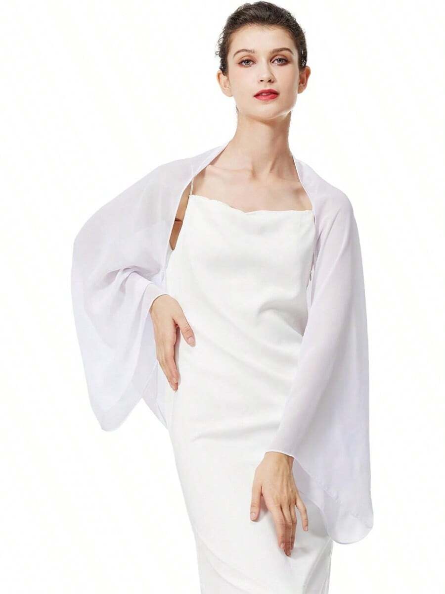Bridal Wedding Chiffon Shawl Shrug With Arm Hole Bridesmaid Cover Up Evening Party Summer Shawl - 白色 - 查看 1