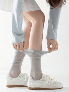 1 par de calcetines largos y transparentes de mujer de seda de morera con volantes en el bajo, transpirables para uso diario en primavera y verano - Multicolor - Ver 5