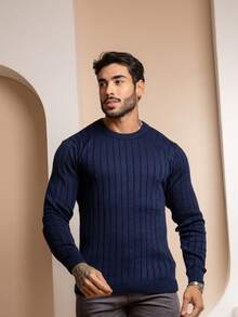 Textured Ribbed Knit Sweater With Crew Neck, Winter 26 - 藏蓝色 - 查看 3