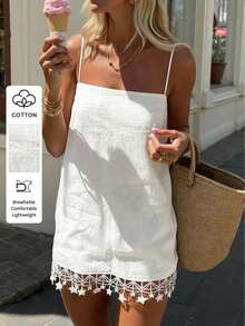 Just Masa Cotton-Containing Summer Cool Holiday Beach Ladies Short Suspenders Dress Party Date Wear White - White - View 1