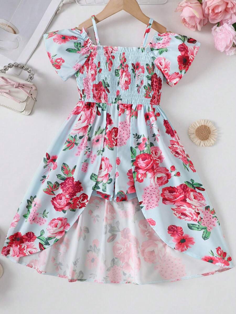 Girls' Floral Ruffle Jumpsuit For Summer Vacation - Baby Blue - View 1