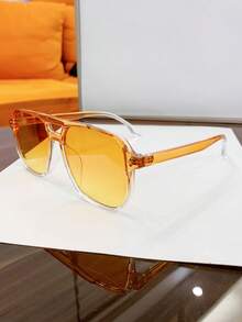 1pc Unisex Tortoise Shell Color Square Frame Double Bridge Pilot Style Fashion Glasses For Vacation Boho Shades Beach Accessories Beach Accessories For Women Glasses Shades Basics Fall Winter Women Outfits Clothes Business Casual Gifts Leopard - Orange - View 3
