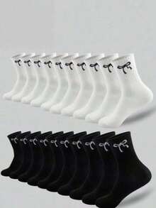 1/3/5/10双装随机女士蝴蝶结设计舒适透气加厚袜子，有趣独特的秋冬礼物之选 - 中筒襪 - 查看 5