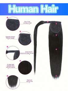 Straight Ponytail Extensions 150% Density Wrap Around Straight Ponytail Human Hair Extensions Ponytail Hairpiece For Women Girls - Natural Black - View 1