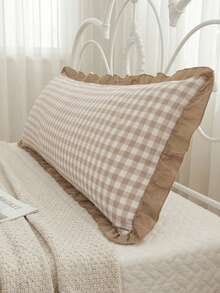 1pc Beige Plaid Ruffled Oblong Throw Pillow Cover - Soft Polyester Fabric, Suitable For Bedroom Sofa Decor Lumbar Cushion, Spring Decor, All Season Use, - Brown - View 3