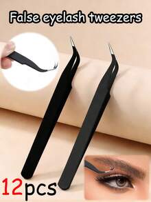 12pcs Black False Eyelash Elbow Tweezers, Grafting Eyelash Curler, Multifunctional, Fine And Easy To Use, Thick Steel, High Hardness, Good Elasticity, Durable, Equipped With Protective Headgear To Avoid Hand Injuries, Comfortable To Use, Suitable For Home, Beauty Salon, Nail Salon Special Tweezers (12/6/1pc) - Multicolor - View 1