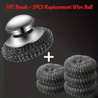 1/6 piezas Cepillo de limpieza de bolas de acero inoxidable con 5 bolas de repuesto, cepillo para lavar platos para ollas, profesional para eliminar manchas resistentes, adecuado para hierro fundido, parrilla, estufa, fregadero, utensilios de cocina, herramienta esencial para el hogar