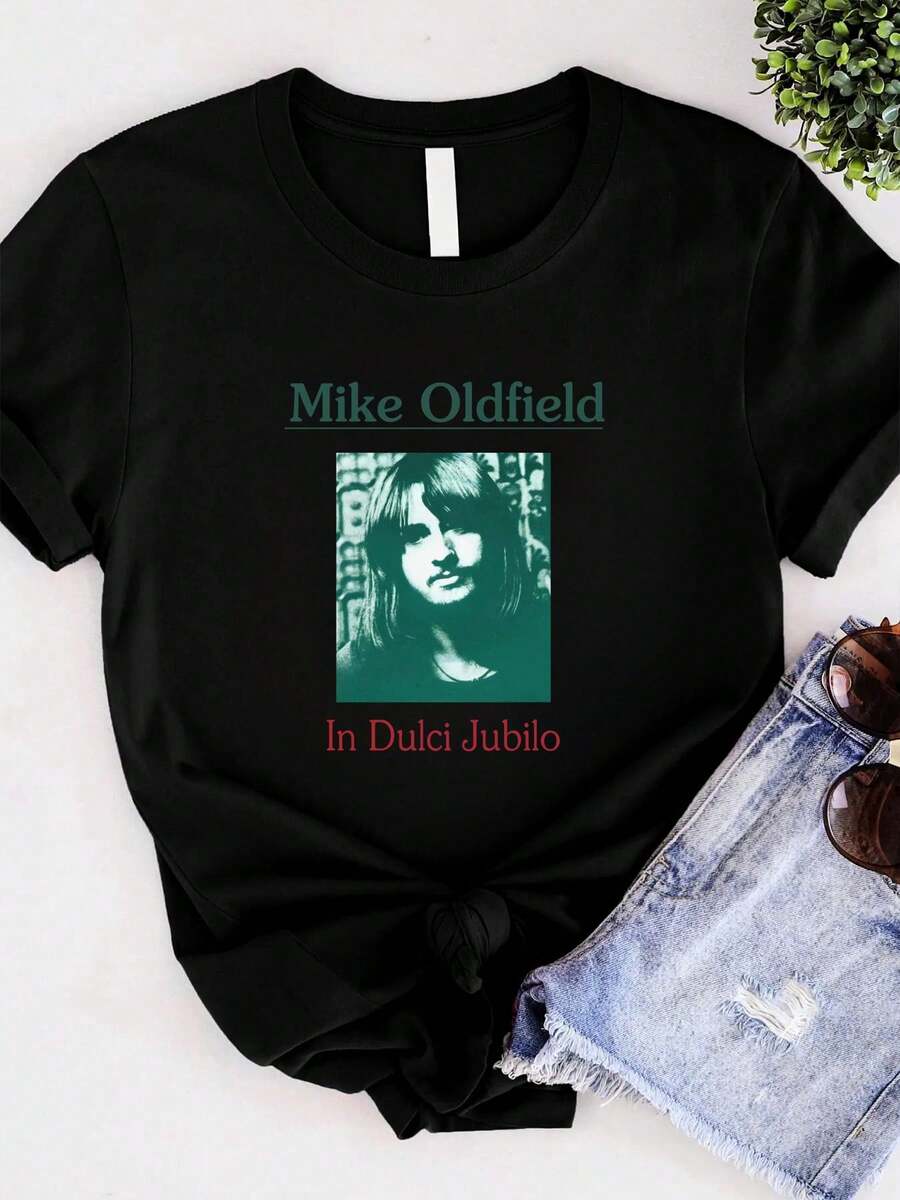 T-shirt femme en coton imprimé, T-shirt unisexe Mike Oldfield In Dulci Jubilo Album avec motif à cheval - Noir - Voir 1