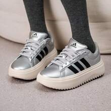 Adidas 女鞋簡約百搭運動厚底增高低筒休閒板鞋 - 銀色/黑色 - 查看 5