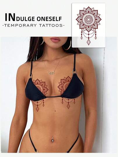 Red Mandala & Lotus Pendant Temporary Tattoo Sticker, Bikini Friendly Emotion Chest Body Art For Women, Pure Red Element