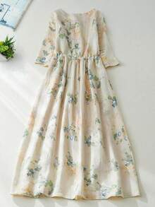 Women's V-Neck Button Printed Dress, Spring/Summer - Yellow - View 5