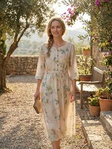 Women's V-Neck Button Printed Dress, Spring/Summer - Yellow - View 4