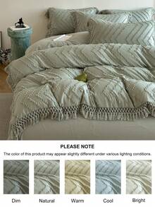 2/3pcs Bohemian Style Green Wavy Striped Cutout Tufted Duvet Cover Set With Tassels, Vintage Rustic Floral Polyester Bedding Set, Soft & Breathable, Machine Washable, Suitable For Bedroom, Guest Room, Dorm, Queen, King (1 Duvet Cover + 1/2 Pillowcase, No Filler) - Green - View 7