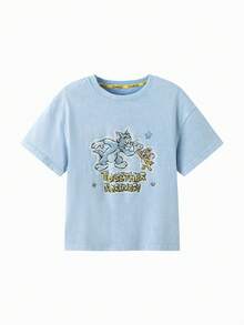 Balabala TOM AND JERRY. 男童卡通印花休闲短袖上衣，夏季 - 藍色調 - 查看 1
