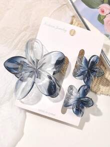 3 Pieces Set Glossy Transparent Gradient Ink Blue Large And Small Frangipani Combination Hair Claw Beach Vacation Style Spring And Summer Bangs Broken Hair Organizing Hair Accessory - Gradient Blue - View 4
