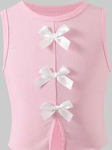 Set de 2 piezas: Top corto sin mangas con cuello redondo y lazo, y pantalones vaqueros anchos y sueltos para niñas preadolescentes, conjunto de verano - Rosa - Ver 3