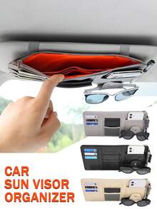 EIGIIS 1pc Multi-Function Car Sun Visor Storage Bag - With Zipper Pocket, Glasses Clip And Fashion Glasses Holder, Car Interior Accessory, Perfect Gift For Drivers - A - View 2