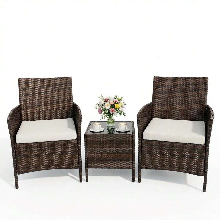 3PCS Outdoor Patio Bistro Set, PE Rattan Wicker Armchairs With Water-Resistant Cushions & Tempered Glass Coffee Table, All-Weather Conversation Set For Garden, Backyard, Porch, Poolside,Brown+Beige - Brown+Beige - 查看 1
