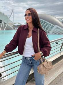 Chaqueta con bolsillo con cremallera para mujer en color burdeos - Abrigo casual de solapa holgada para primavera y otoño - Burdeos - Ver 6