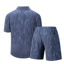 Men's Textured Knit Polo Two-Piece Set: Short-Sleeved Button-Front Polo Shirt And Elastic Waist Shorts - Màu xanh lam - Xem 2