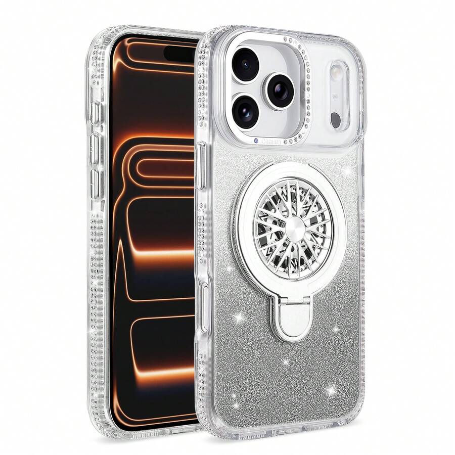 (Gyroscope Stand) Rhinestone Edging, Transparent Glitter, Wireless Magnetic Charging, PC+Titanium Alloy Hidden Stand, Anti-Yellowing High Transparency Backplate, Magnetic Car Mount Suitable For IPhone 17 Pro Max/16/15/14/13/12/11 - Silver - View 1