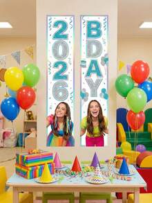 2件組彩虹主題生日派對門牌 定製文字生日門布條 個性化照片生日門口裝飾 可客製化生日歡迎牌 - 彩色 - 查看 6