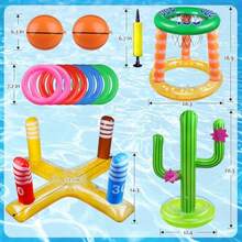 Pool Games Set-8 Inflatable RingsInflatable Basketball Hoop Cactus Toss Game Cross Toss Game and 2 Inflatable Small Basketballs-Perfect Water Toys for Teens and Adults - Multicolor - Ver 3