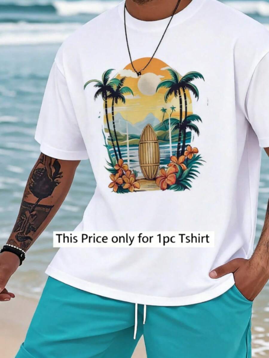 Men's Tropical Beach Graphic T-Shirt - 180g Lightweight Breathable Fabric, Relaxed Fit Round Neck, Machine Washable Black Tee With Palm Tree & Sunset Print For Summer Vacation, Family Outings & Casual Wear, Comfortable Casualwear - 白色 - 查看 1