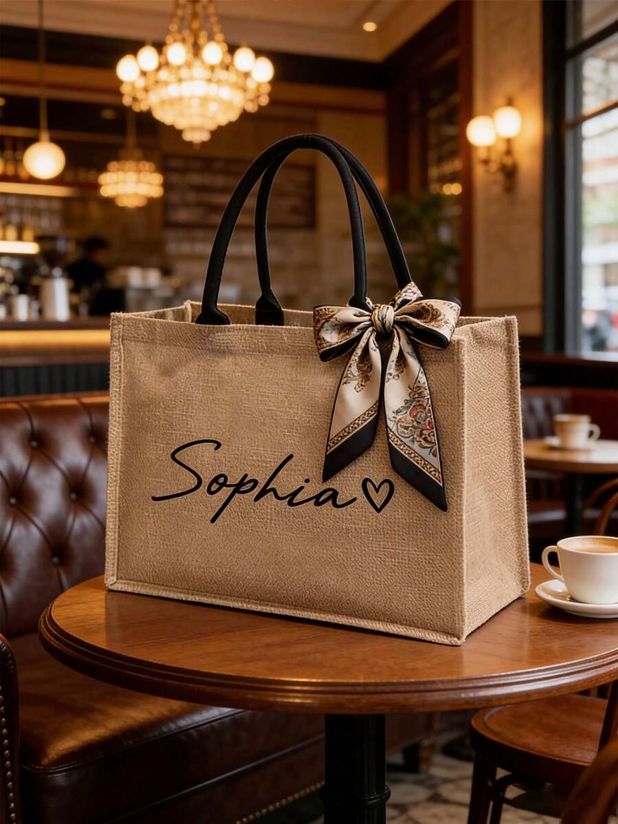 1pc Customized Name & Pattern Large Personalized Beach Tote Bag, Women's Gift Tote Bag, Ladies Travel Cosmetic Storage Bag, Customized Name Linen Tote Bag | Personalized Bridesmaid Proposal Gift | Reusable Beach And Shopping Tote Bag | Linen Bag Women's Gift, Wedding And Holiday Gift - Multicolor - View 1