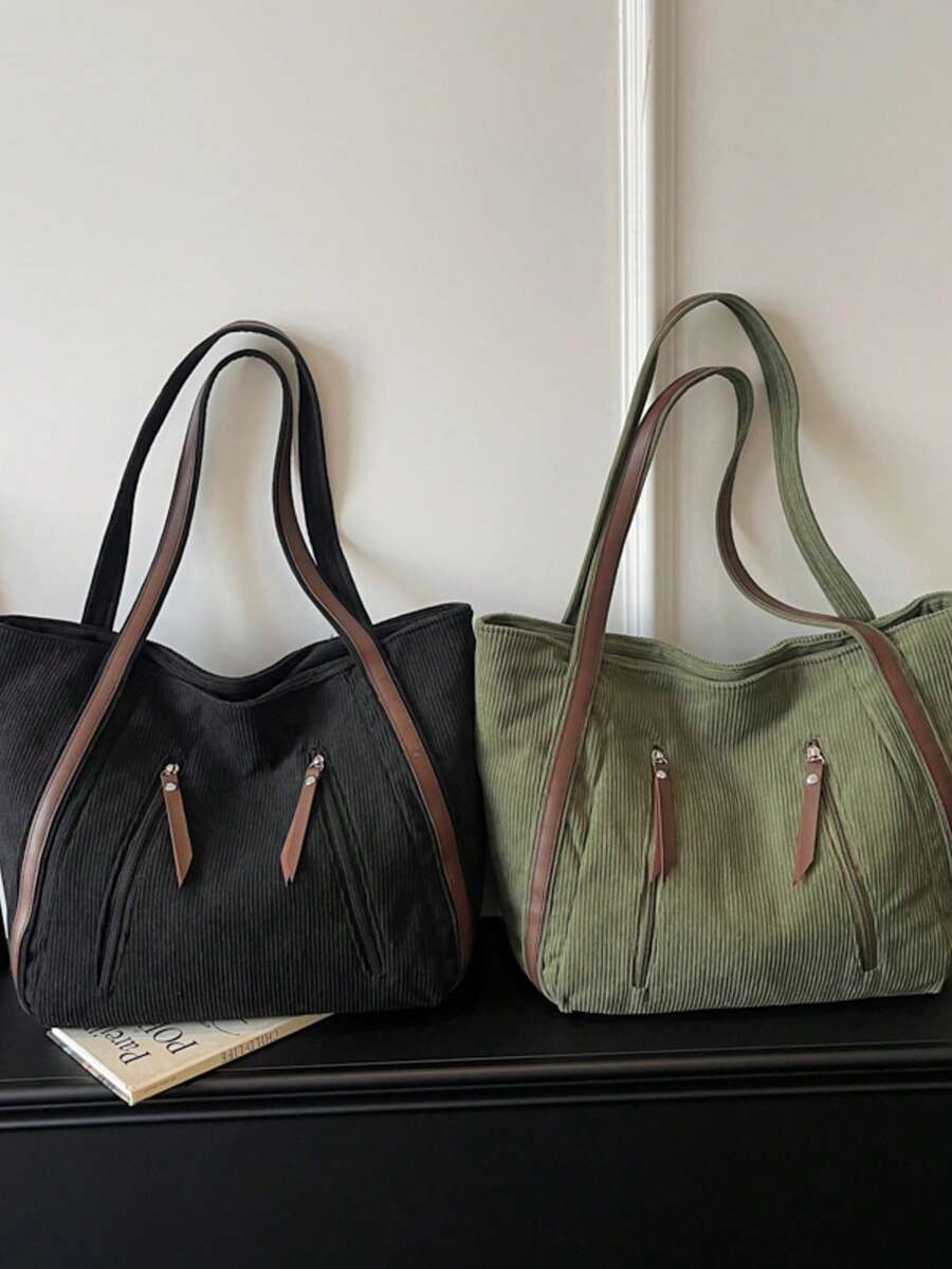 1个，43厘米*16厘米*31厘米，灯芯绒材质，大容量，单肩手提包，手提包，单肩包，托特包，可装A4纸，购物袋，适合上学、通勤、度假、购物、旅行、送礼 - 彩色 - 查看 1