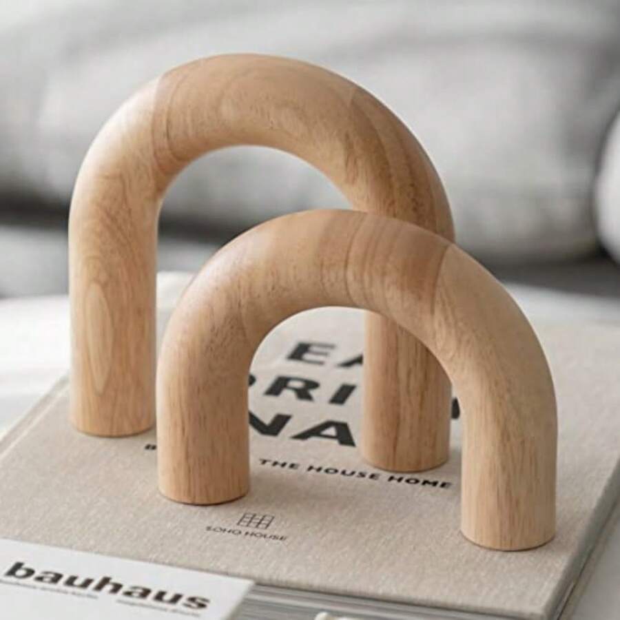 Wood Arch Decorative Objects - Modern Bookshelf Decor Coffee Table Sculpture Floating Shelf Decor Accents Japandi Home Decorations for Side Console and Entryway Table - Natural - Ver 1