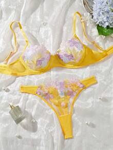 Colorful Floral Bra Set, Ultra-Thin, Non-Padded, Push-Up, Three-Point Hollow Women's Underwear Two-Piece Embroidered Set, Lingerie - Yellow - View 6