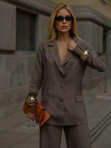 Women's Oversized Tailored Blazer And High-Waisted Wide-Leg Trousers Set - Elegant Formal Wear - 深灰色 - 查看 2