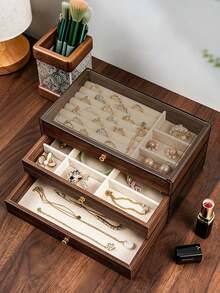 1个豪华黑胡桃木首饰盒，三层木质首饰收纳盒，抽屉式首饰盒，亚克力首饰整理盒，经典复古风格高端胡桃木三层首饰盒，大容量收纳 - 彩色 - 查看 7