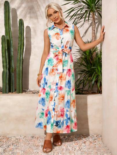 Vestido largo de verano sin mangas con cuello, estampado floral acuarela en capas para mujeres, vestido largo bohemio de playa con botones, cinturón en la cintura, corte evasé, elegante primavera blanco