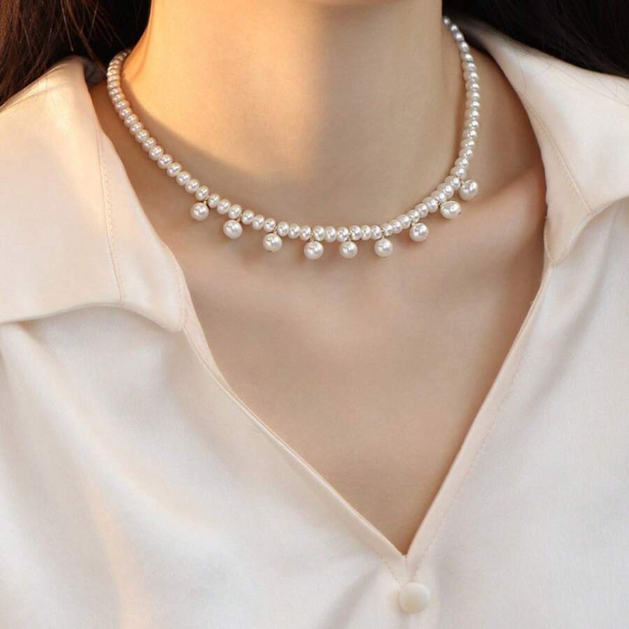 Natural Freshwater Pearl Necklace For Women, Fashionable Baroque Collarbone Chain, Niche Design, 14K Gold-Plated Choker, Sweater Chain - Dây chuyền 25 hạt ngọc trai tua rua chấm bi - Xem 1
