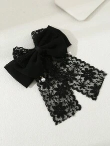 1个女士优雅蕾丝珍珠蝴蝶结发夹，黑色，适合春夏日常休闲佩戴 - 黑色 - 查看 4