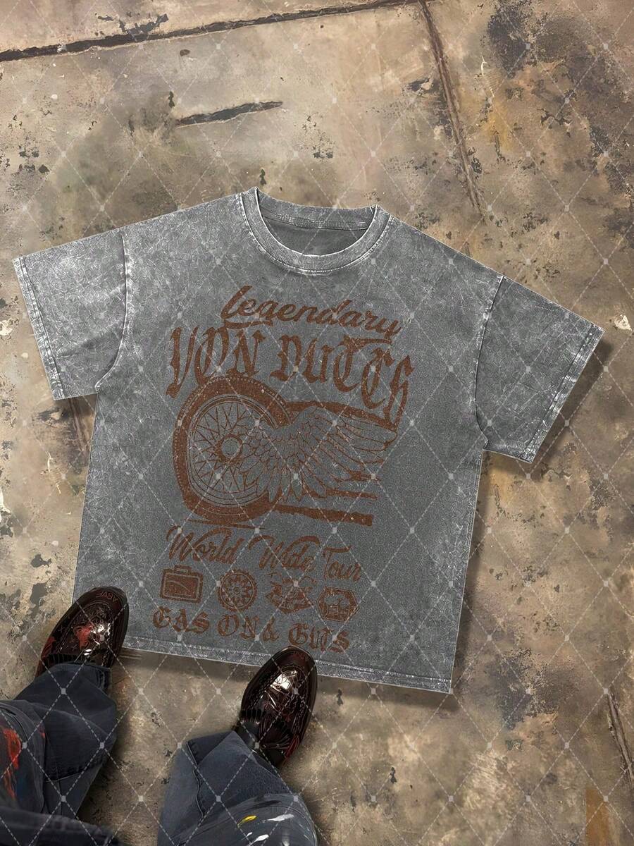 CHAOSHU Van Dutch Legendary World Wide Tour Wheel Wing Graphic Men's 230g Combed Washed Cotton T-Shirt, Street Short-Sleeve Top, American Moto Vintage Style Apparel, Spring Summer Crew Neck Top, Suitable For Summer Daily Casual Wear - Grey - View 1