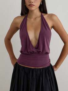 Women's Summer Halter Tops Stylish Solid Ruched Slim Fit Backless Sleeveless Vest - Màu tím - Xem 1