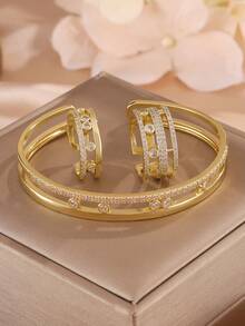 rakol 3pcs Luxury Shiny Hollow Inlaid Zirconia Women Jewelry Set, Bracelet & Ring Set Suitable For Party Layering - Hollow Out Set - View 4