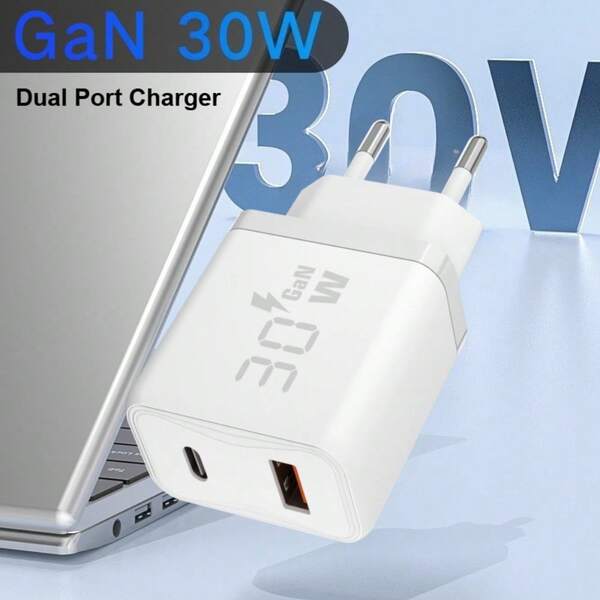 Chargeur mural GaN à charge rapide 30W, prise de chargeur convenant aux 17, 16, 15 Pro Max, Air, avec prise USB-C, chargeur rapide 2 ports USB-C/USB-A convenant aux 13, 12, 11, XS, XR, X, Galaxy. Idéal pour le Memorial Day et le début de l'été