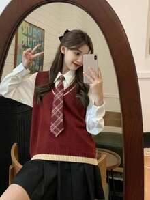 1条女士经典条纹JK制服领带，适合学生和青少年，英伦格纹图案，可作派对领带配饰，也适合搭配女士连衣裙、情人节装饰、节日、旅行、迪斯科、毕业典礼服装。 - 酒紅色 - 查看 7