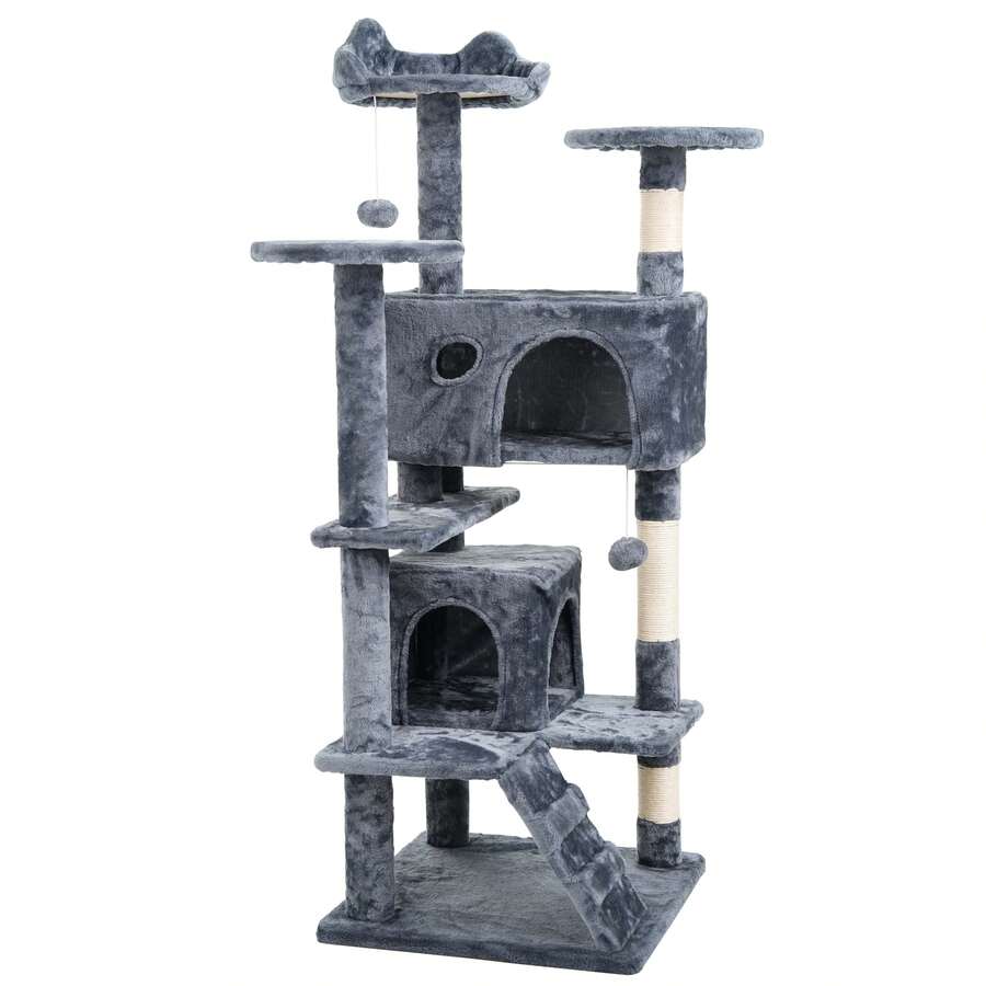 Crystals 138cm Large Multi-Level Cat Tree Tower With Scratching Posts, Condo Houses & Perches – Indoor Cat Activity Centre (Light Grey/Charcoal Grey) - Dark Grey - View 1